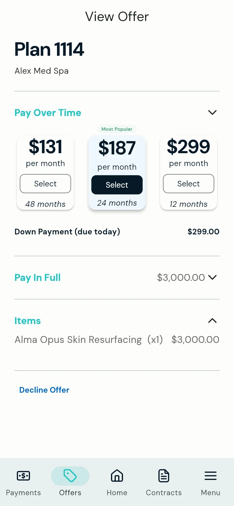 Puurk client app showing three monthly choices: $131, $187 and $299 per month, plus Pay in Full at $3,000