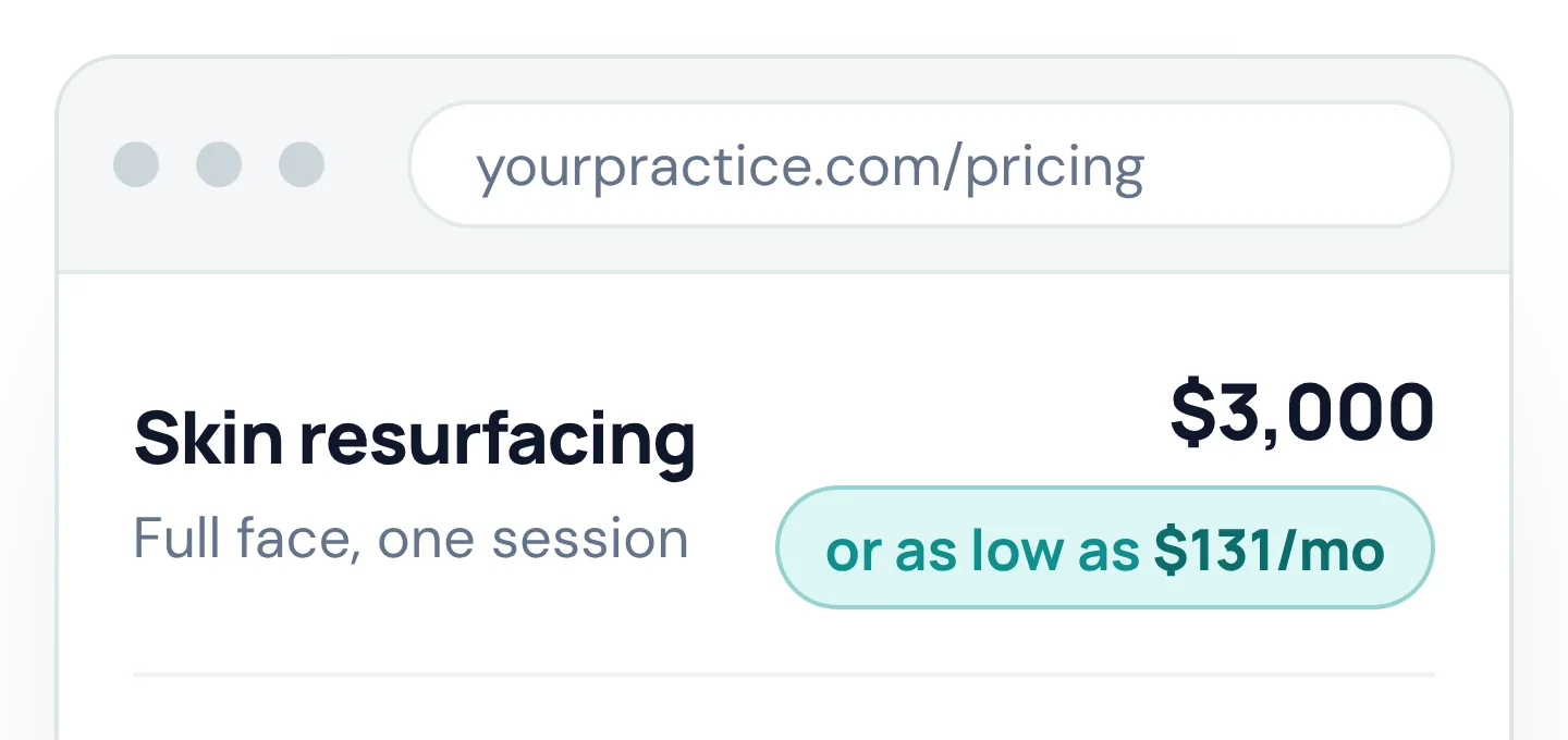 Sample practice pricing page: a $3,000 service with “or as low as $131/mo” beside the price